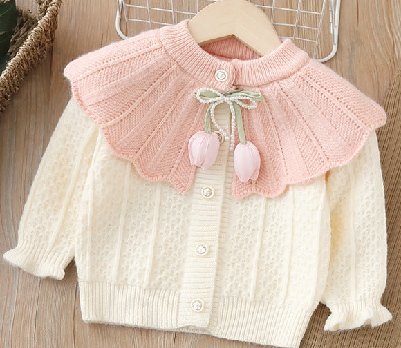 Girls' knitted sweater two-piece set -  autumn/winter new collection - handmade floral pants set for baby girls