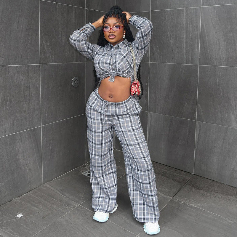 European and american women's clothing  autumn new collection: sweet and fresh plaid turn-down collar long-sleeve shirt and high-waisted straight-leg pants two-piece set