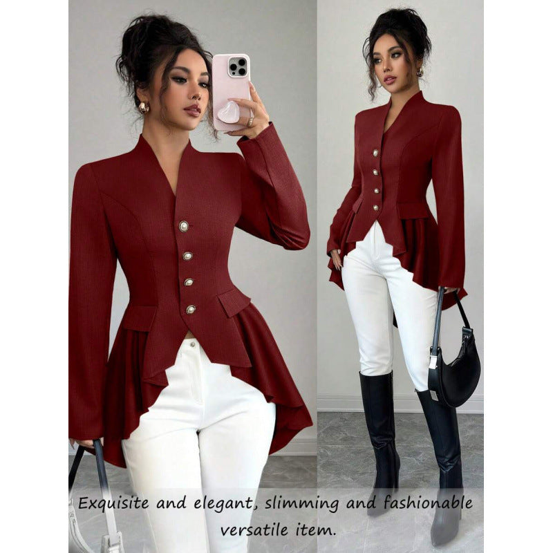 fashionautumnew arrivalelegancefashionv necklong sleeves waist asymmetricalrufflesjacket for women
