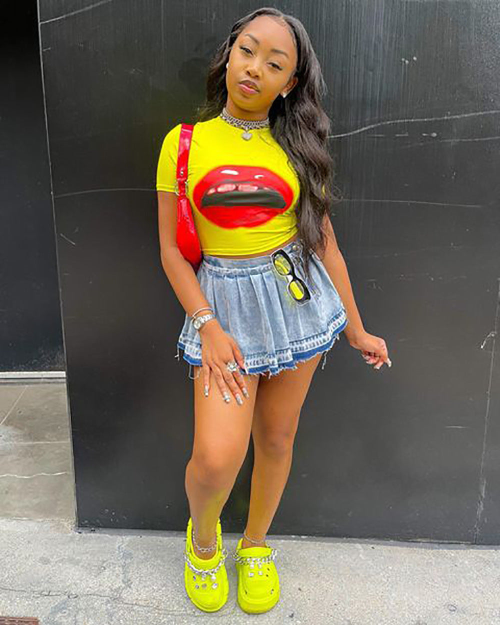 European and american cross-border women's fashion:  summer sexy hot girl style pleated skirt with gradient denim detail