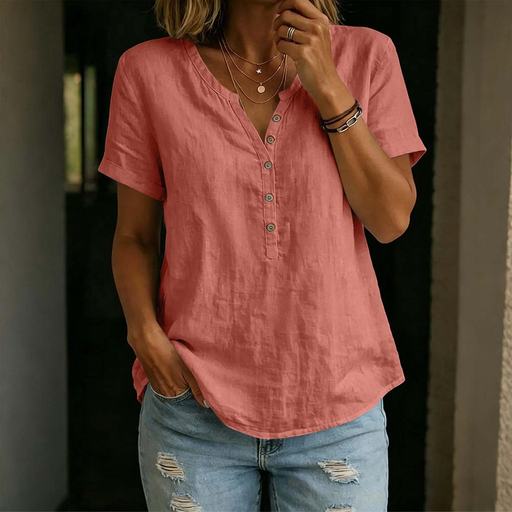 cross-border fashion  women's casual solid color cotton linen short-sleeve half-open v-neck button-down top
