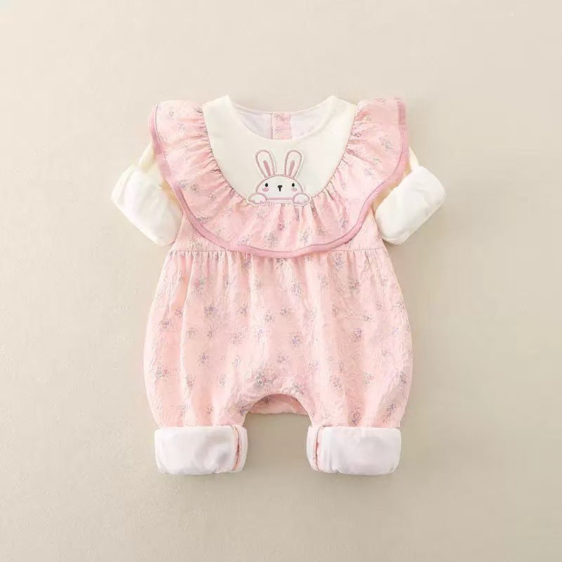 Baby rompers spring & autumn double layer outwear baby girl hundred days western style haki floral princess style outwear