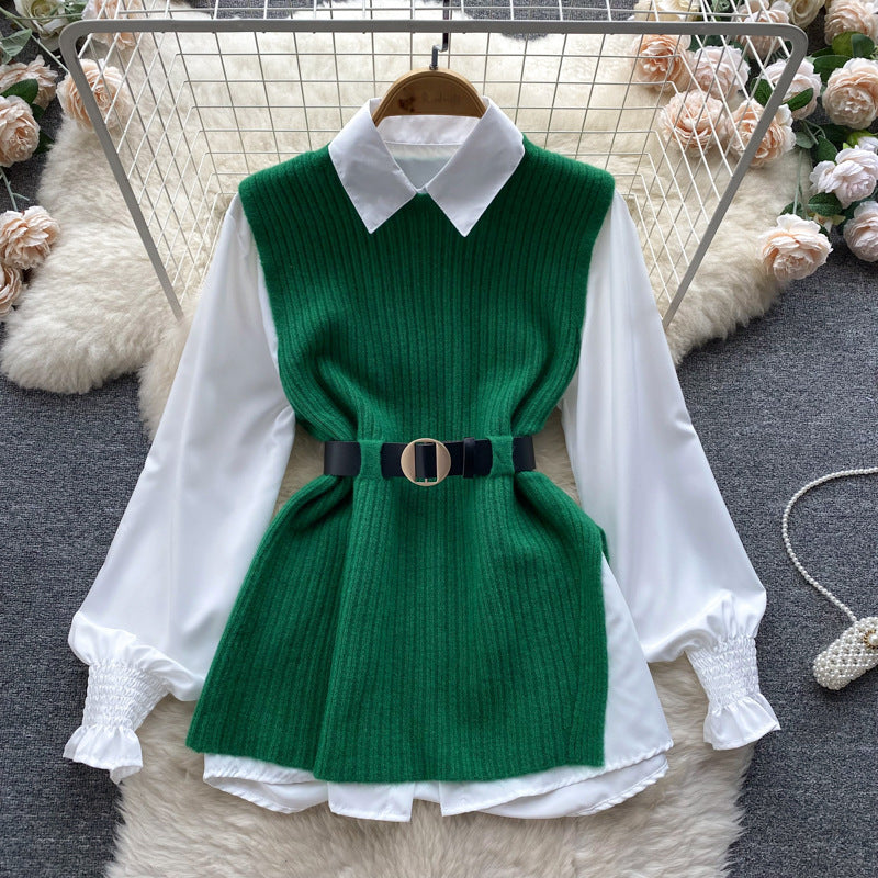 Luxury chic women's set: relaxed fit long sleeve white blouse top + slit knit vest two-piece fashion outfit