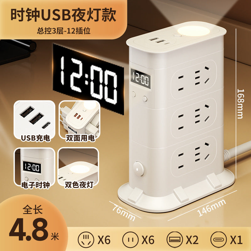 Multi-functional usb power strip socket - dorm room student power strip with long cord, home office desk panel with clock and night light