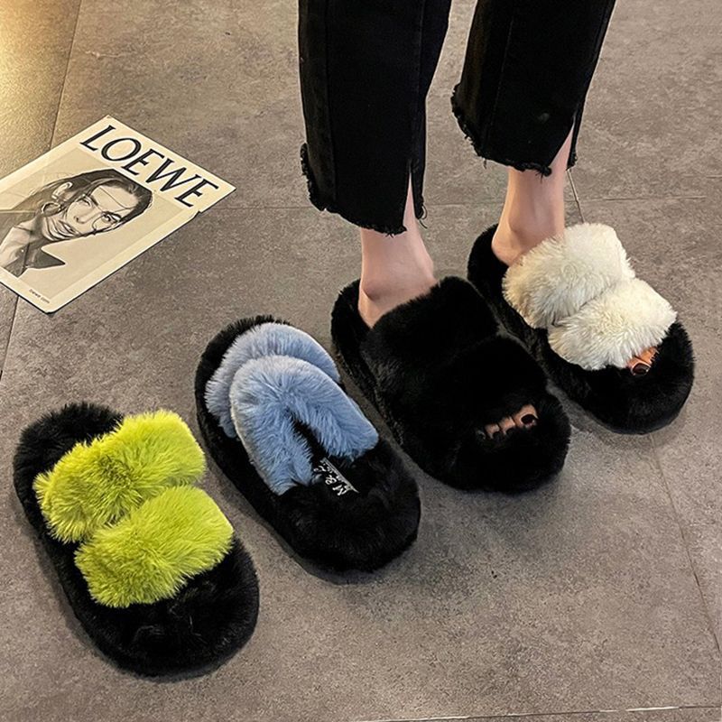 Thick sole cross strap furry slippers for women fall and winteroutwear2024new arrivalplatform shoesthick soleincrease soft bottomfor home cotton slippers