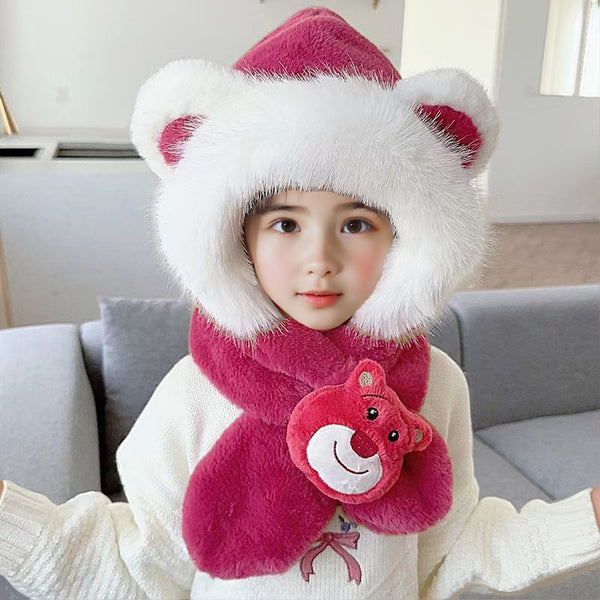 Korean version of cute super cute children's fruit hat scarf integrated winter baby boys and girls ear protection pullover hat two-piece set
