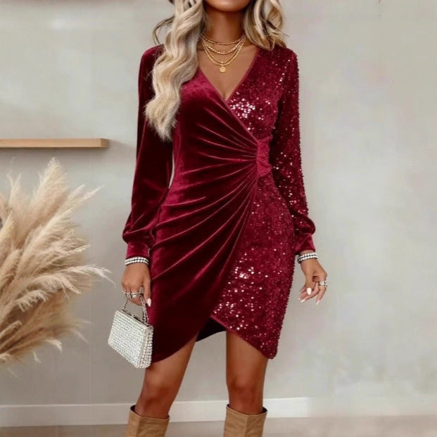 european and american cross-border  independent station new sexy fashion v-neck sequin velvet bodycon dress