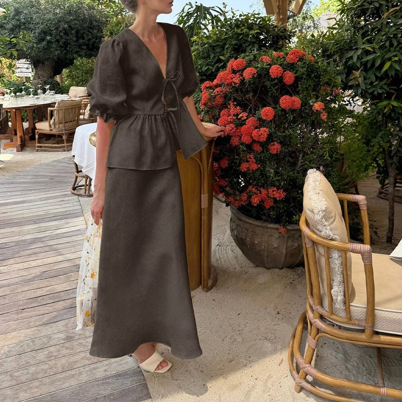 women's summer new arrivals: cross-border european & american fashion - elegant solid color v-neck tie-strap maxi dress set