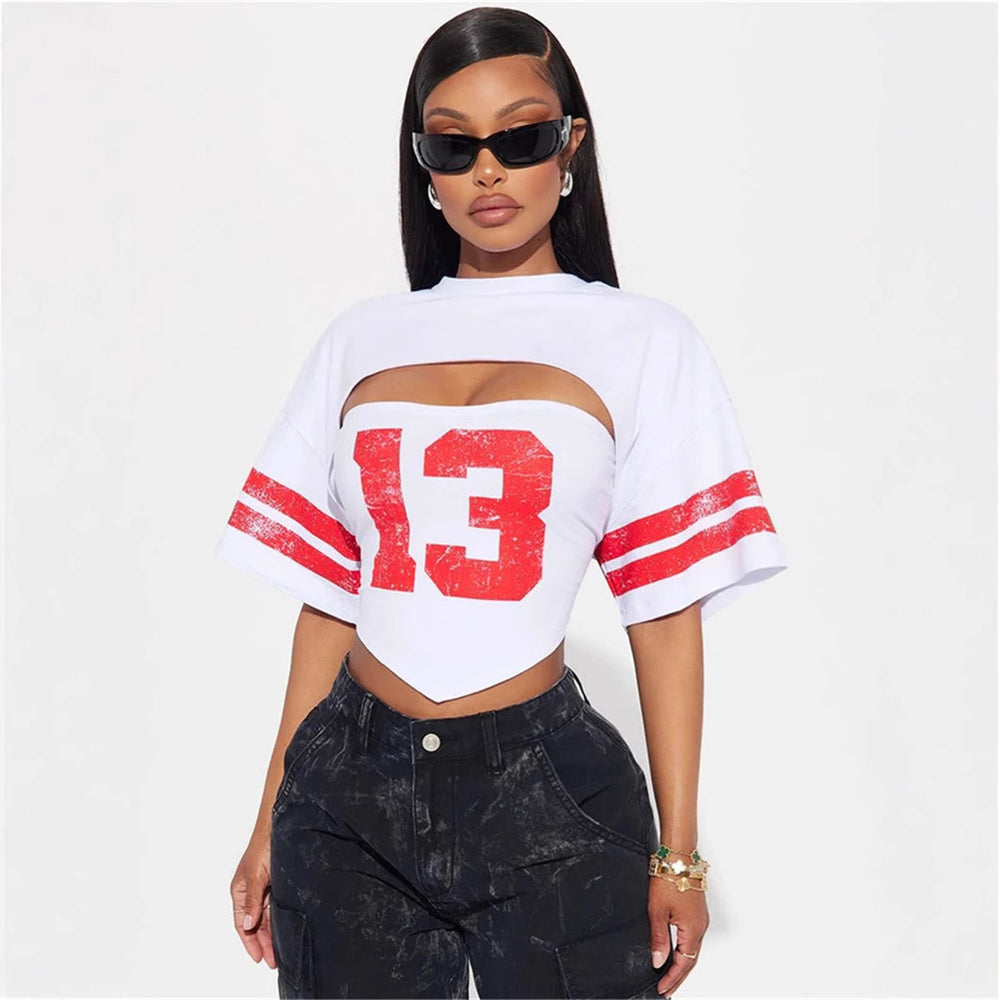 New arrival:  summer cross-border casual loose fit sporty print bandeau hot girl pullover short sleeve top t-shirt for women
