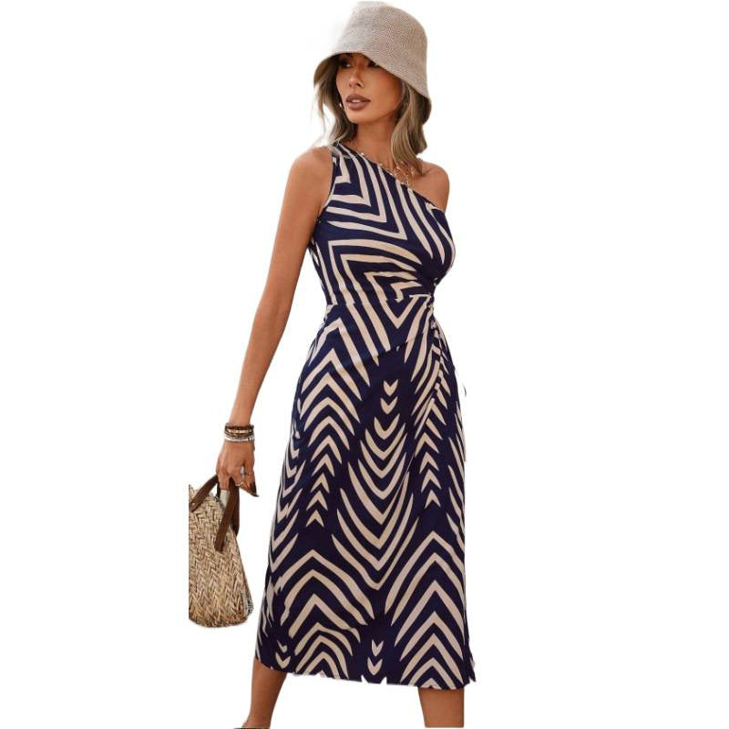 Shipped: women's sleeveless, high-waisted, drawstring, high-slit printed dress for cross-border e-commerce, summer  collection