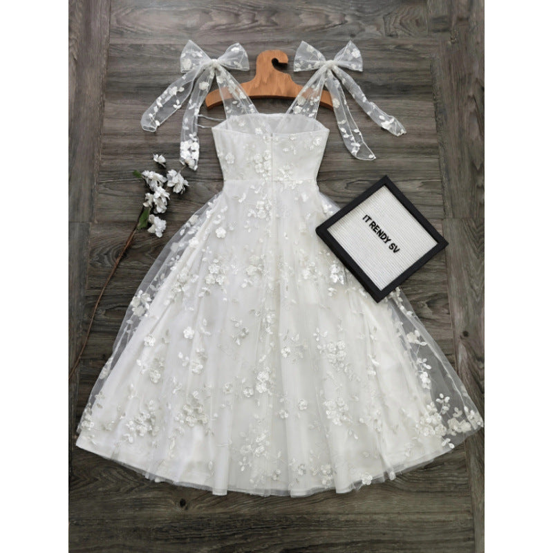 Women's summer new arrival: elegant and romantic mesh embroidered tie-waist a-line midi dress