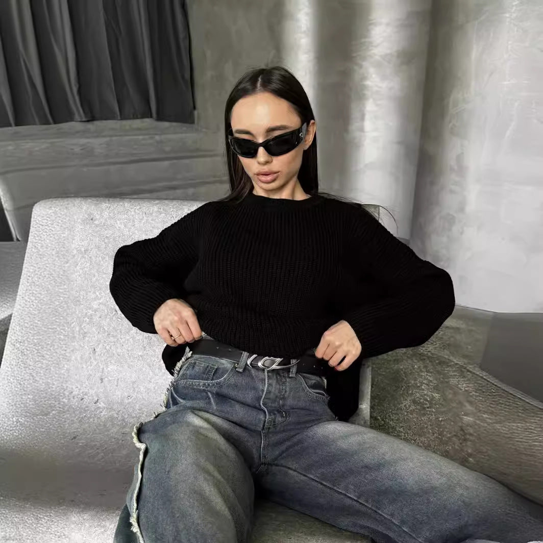 Cross-border solid color crew neck sweater 2024 European and American spring and autumn loose knitted sweater Ins  pullover women