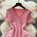 Knitted dress  new women's summer korean style elegant v-neck slim fit short a-line maxi skirt trendy women's fashion