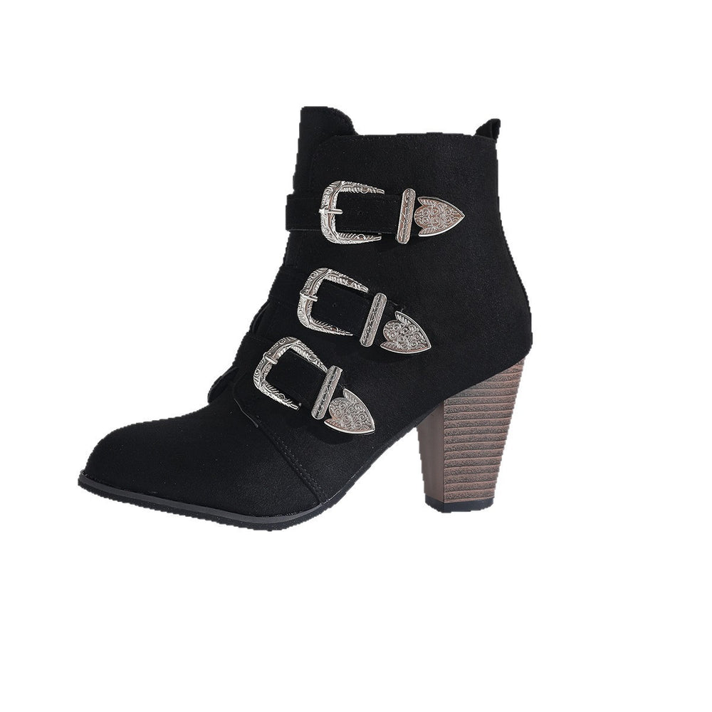 new women's leather belt buckle pointed toe high heel suede ankle boots - chunky heel autumn/winter fashion boots for