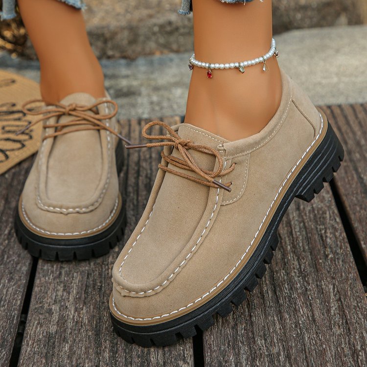 autumn women's casual leather loafers: comfortable round toe, chunky heel, retro style, soft leather, lace-up, platform sole