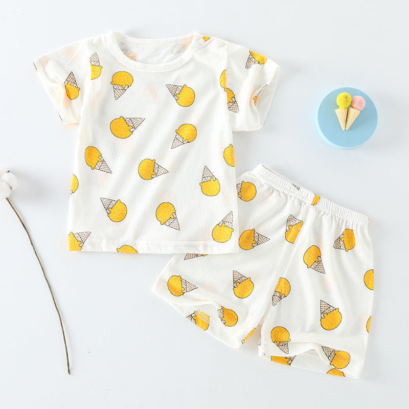 Baby short-sleeve set, one-year-old summer outfit, girls' ice silk top and shorts, lightweight summer two-piece set, 100% cotton