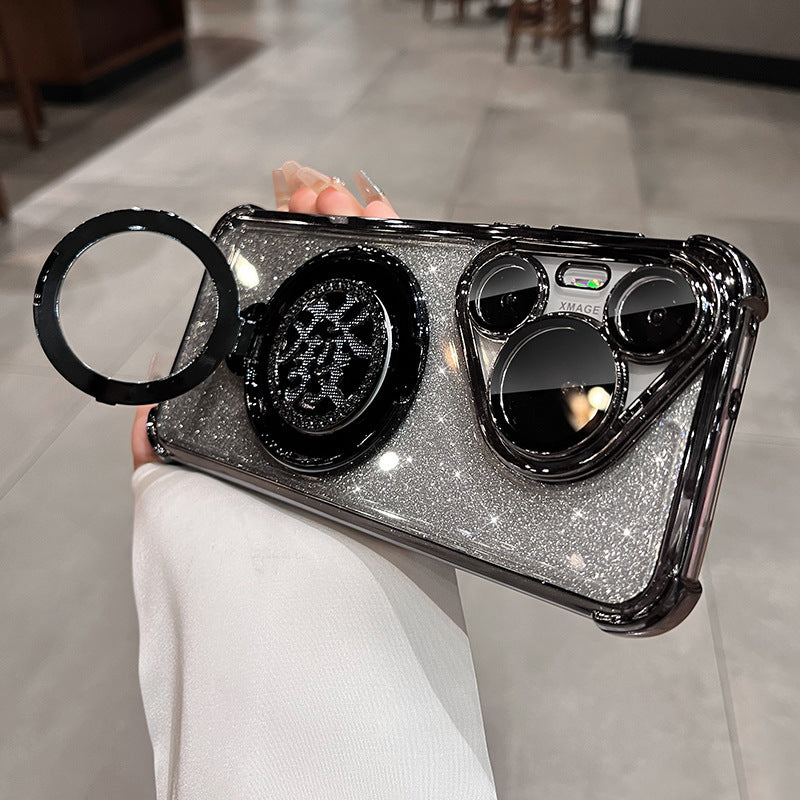 Suitable for huawei mate80 mobile phone case, rotating gyro bracket, honor p80pro electroplated four-corner glitter shell