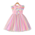 Girls' rainbow flutter sleeve unicorn print mesh princess dress - summer kids' colorful gradient tulle dress