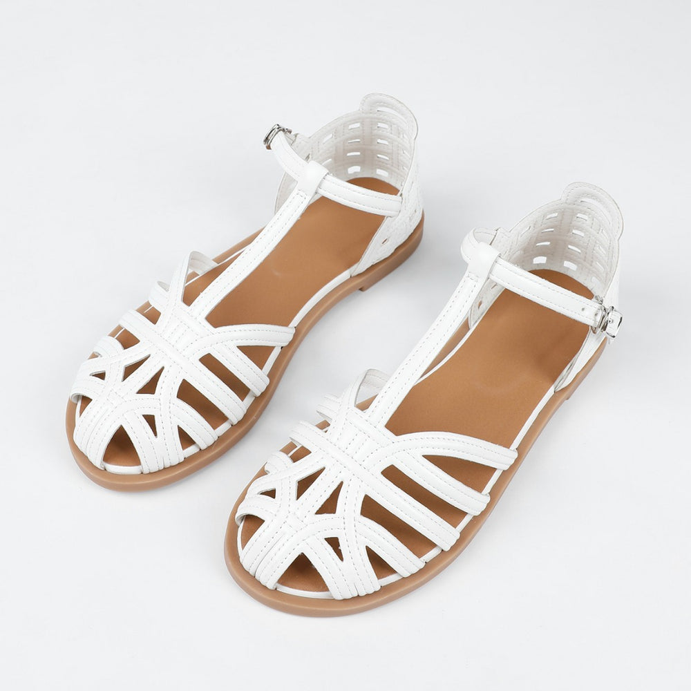 Women's flat fashion sandals - 2026 summer french retro woven hollow-out breathable closed-toe thong strap roman sandals