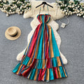 Dopamine dress rainbow stripes backless dress women's summer high waist k-style a-line long skirt vacation style beach skirt