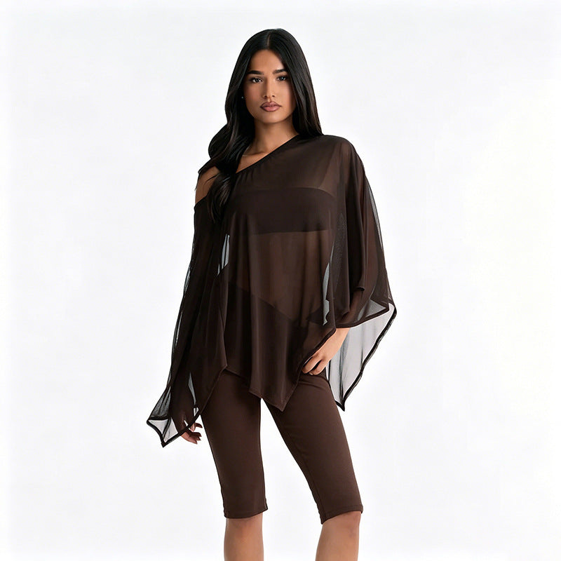 Women's european and american style autumn  new collection: solid color mesh off-shoulder cover-up, sexy bandeau top, and pants three-piece set
