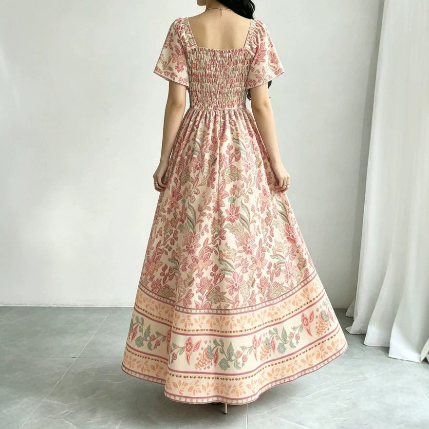 european and american new retro border floral square neck flutter sleeve maxi dress - cinched waist, flared hem, printed dress