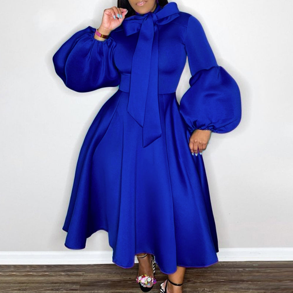 Plus size women's winter puff sleeve tie-waist bow detail maxi dress - european & american style evening gown for export independent stores