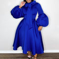 Plus size women's winter puff sleeve tie-waist bow detail maxi dress - european & american style evening gown for export independent stores