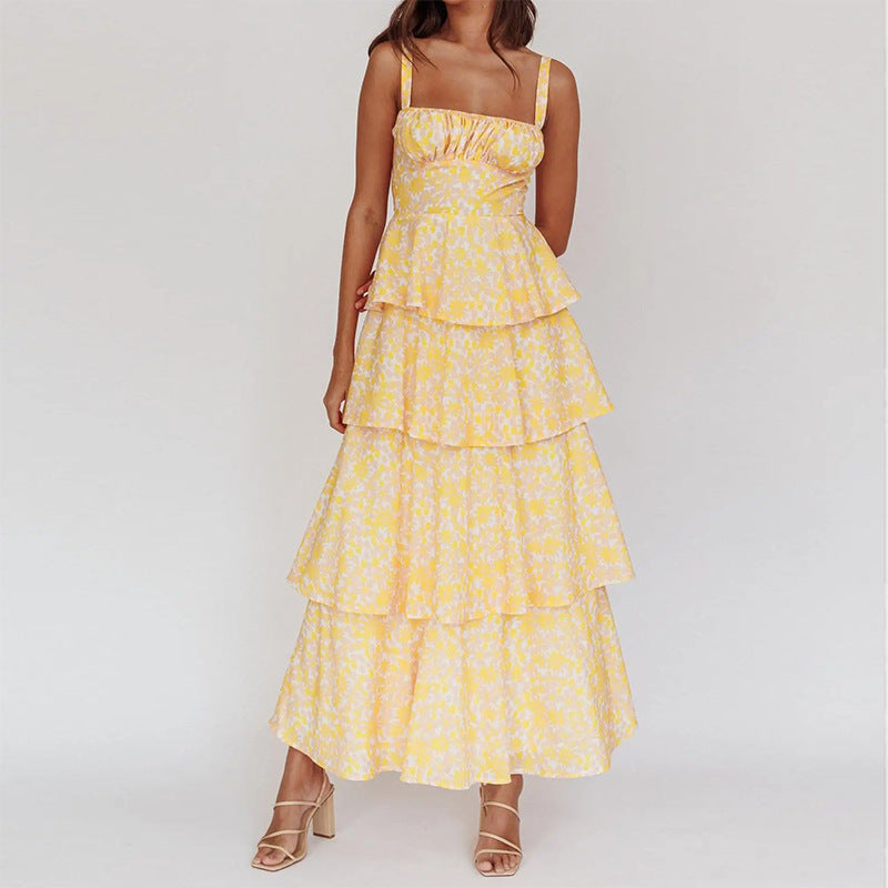 cross-border european and american women's clothing: summer dress for women, fashionable and fresh floral print spaghetti strap tiered maxi dress