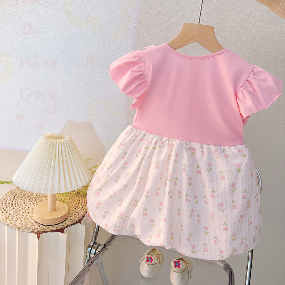 summer girls' cartoon dress - new floral print short-sleeve dress for toddlers and young children (faux two-piece)