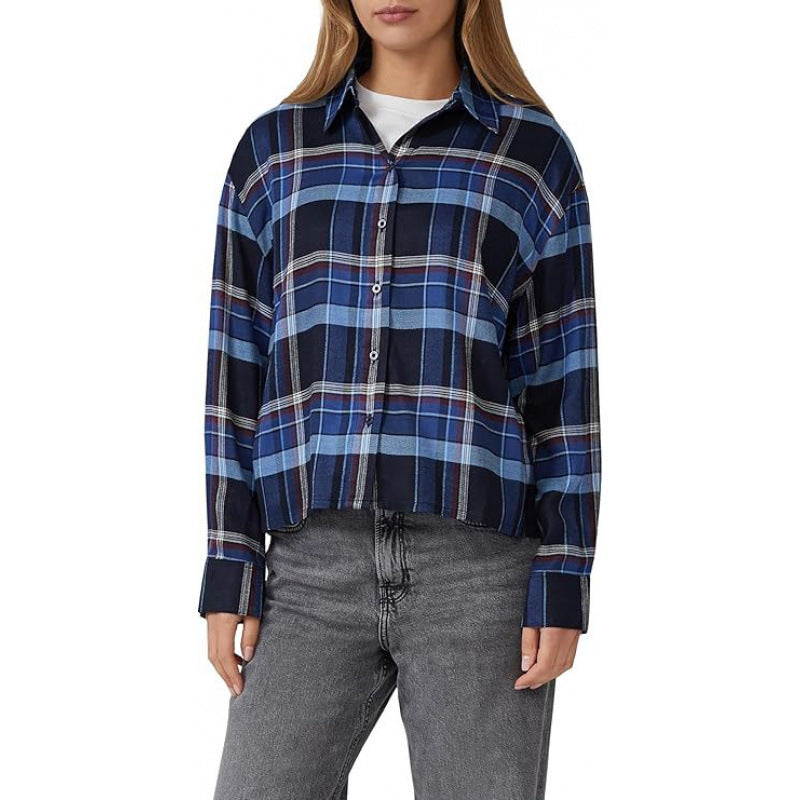 Amazon fashionpolo collar plaidlong sleevesshirt women's  spring new arrivalretrofashiontops