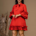 European and american plus size women's clothing  spring new arrivals: solid color, elegant, ruched sleeve, tie-waist, ruffle hem dress - export quality