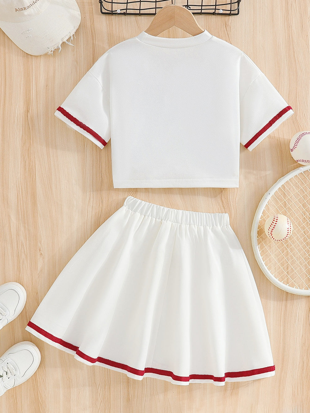 Girls' american style activewear set: white short-sleeve top with lettering and red trim, printed midi skirt - two-piece outfit for girls