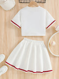 Girls' american style activewear set: white short-sleeve top with lettering and red trim, printed midi skirt - two-piece outfit for girls