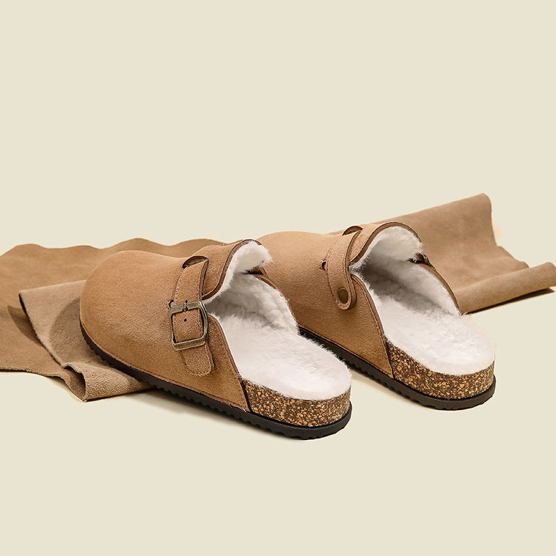 Birkenstock women's 2025 new autumn/winter slip-on warm fleece-lined fuzzy birkenstock shoes, lazy closed-toe half-slipper cotton shoes