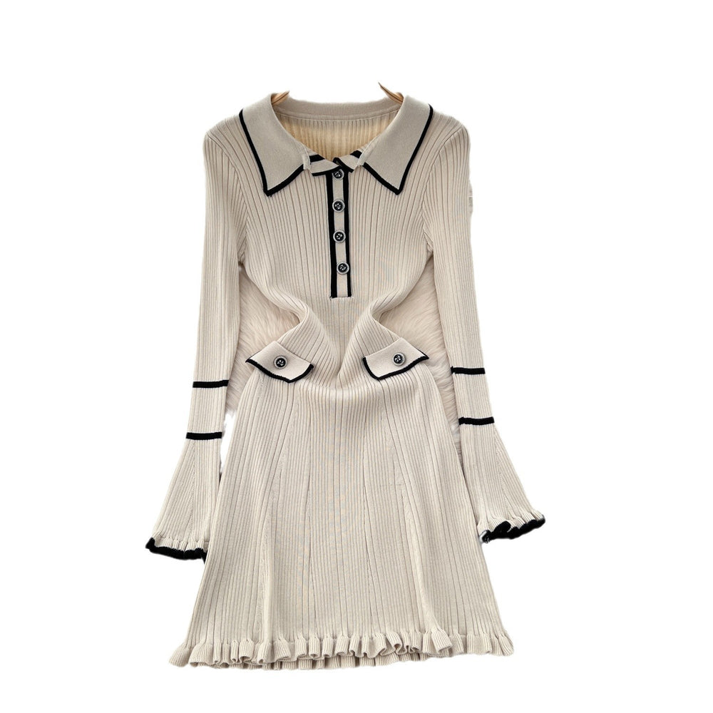 new arrival: women's elegant slim-fit knit dress with ruffle trim, button detail, and collared neckline