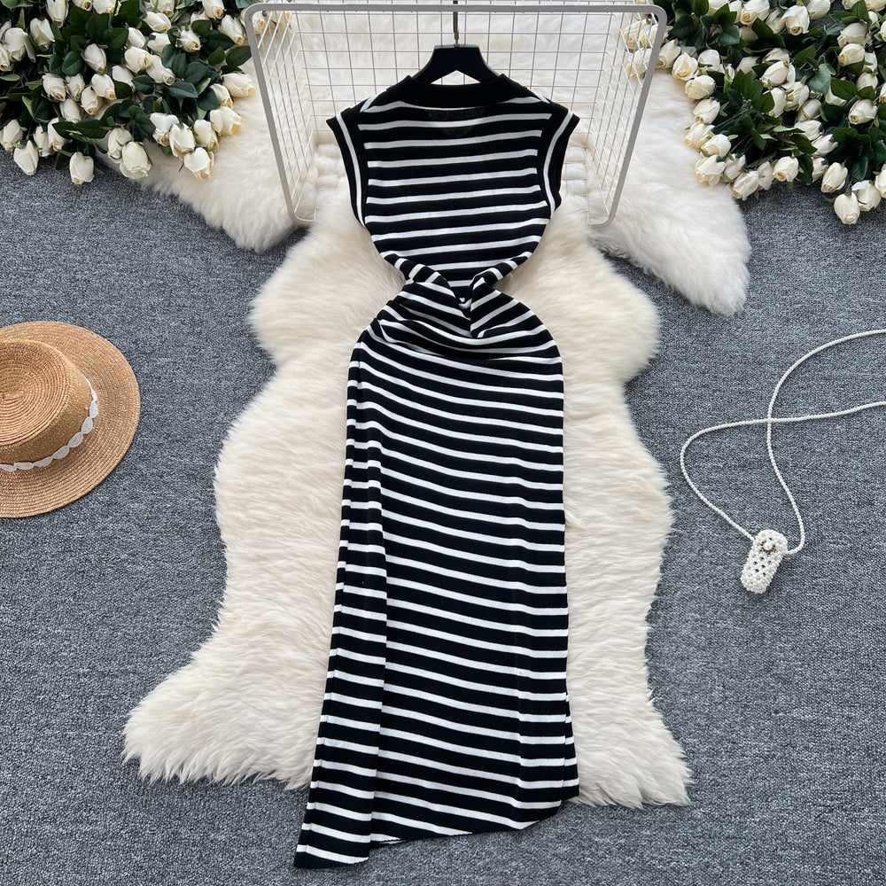 Korean chic niche retro polo collar sleeveless color block striped slit irregular knit dress