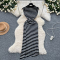 Korean chic niche retro polo collar sleeveless color block striped slit irregular knit dress