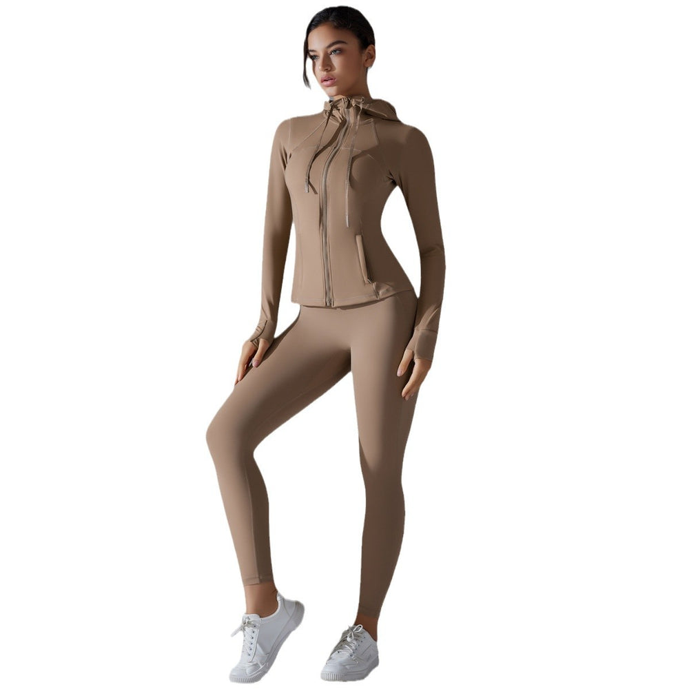 New double-sided nylon yoga set with built-in shorts: solid color zip-up hooded sports jacket and running fitness set