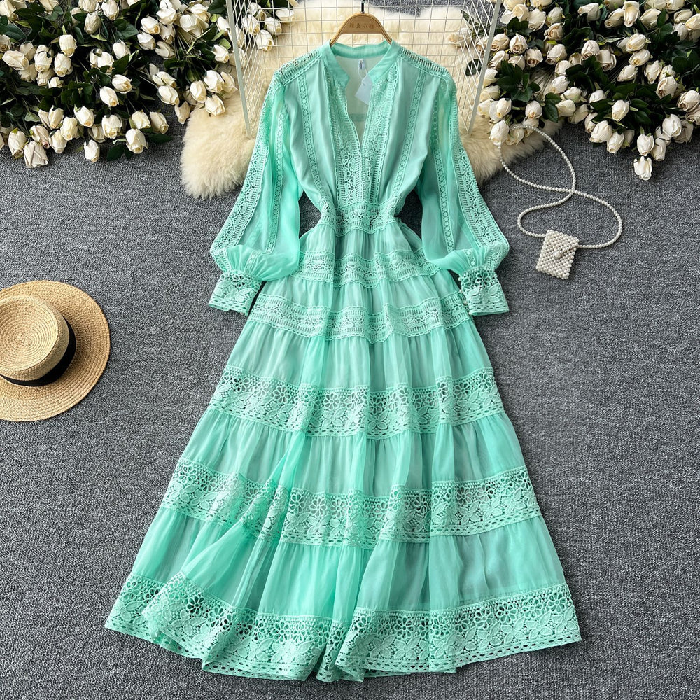 Frenchretrov necklacepatchwork waist long sleeves large swing dress women slimming lookclassyelegancelong skirt