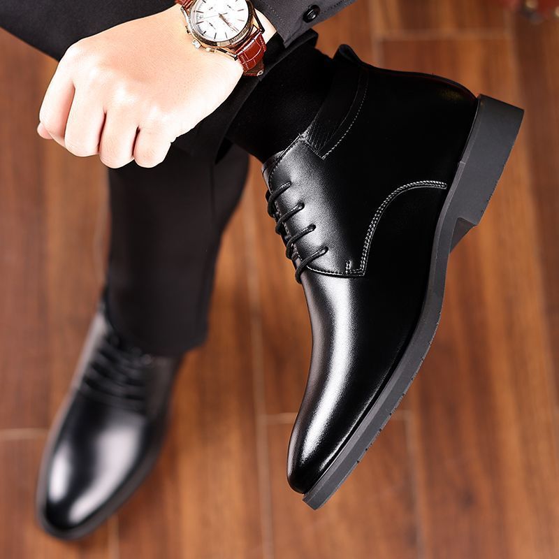 Men's winter cotton shoes, fleece-lined warm & thickened leather boots, sheepskin shearling boots, business genuine leather high-top shoes