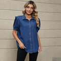Fashion cross-border export  new arrivaleasiest for match princess sleeve lapel thin denim shirt casualtops trendy women