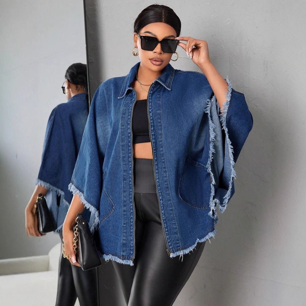 European and american style women's denim jacket -  cross-border autumn/winter fashion loose fit turn-down collar batwing sleeve jacket