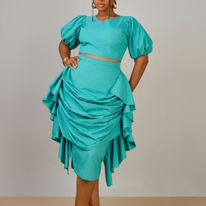 European and american women's clothing  autumn new collection: sweet and fresh v-neck puff sleeve blouse with high-waisted bodycon midi skirt two-piece set