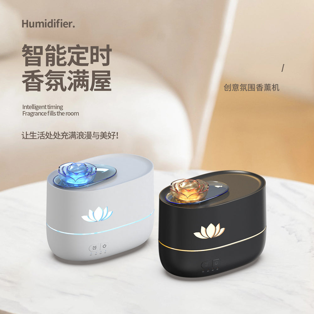 2024 new flame humidifier with colorful night light, lotus design, high mist output, aroma diffuser, volcano aromatherapy machine