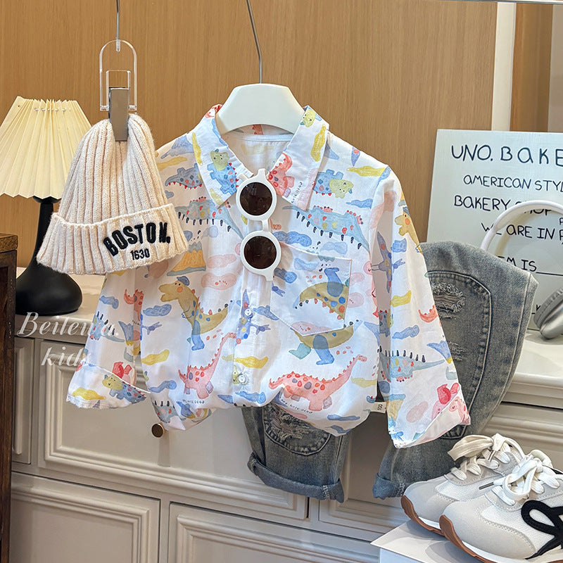 Kids' spring/autumn casual long-sleeve cotton shirt - boys' polo shirt with cartoon all-over print for toddlers and young children
