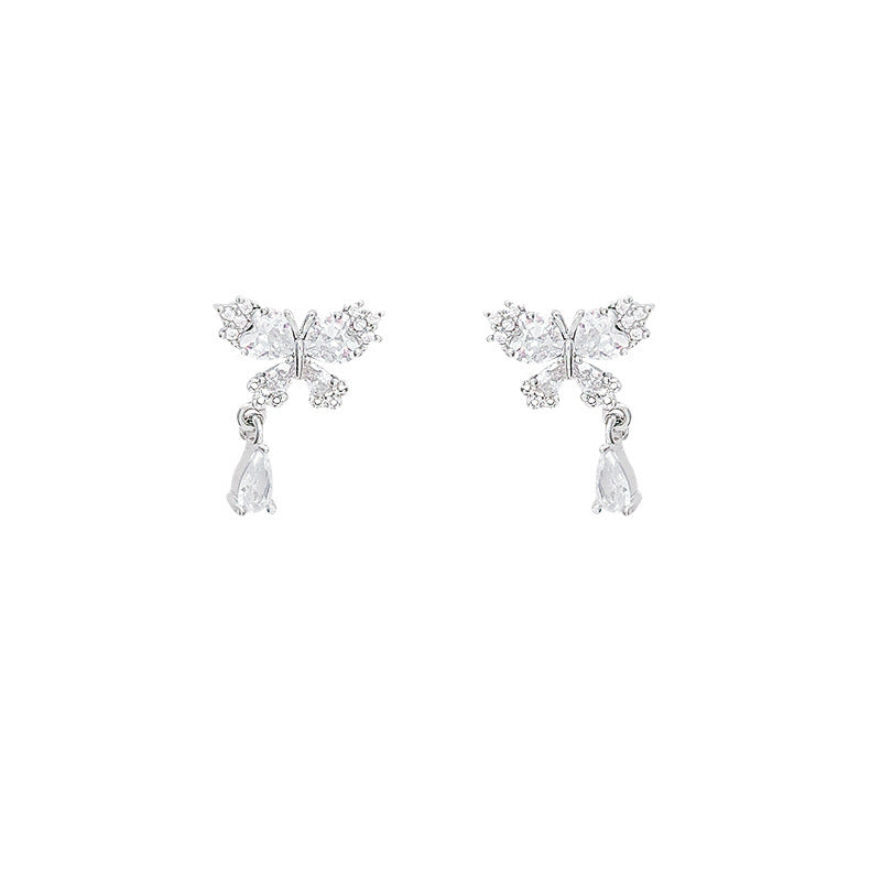 Japanese and korean silver sparkling zircon butterfly teardrop stud earrings - women's unique, elegant, and high-end style - 2026 new hot seller