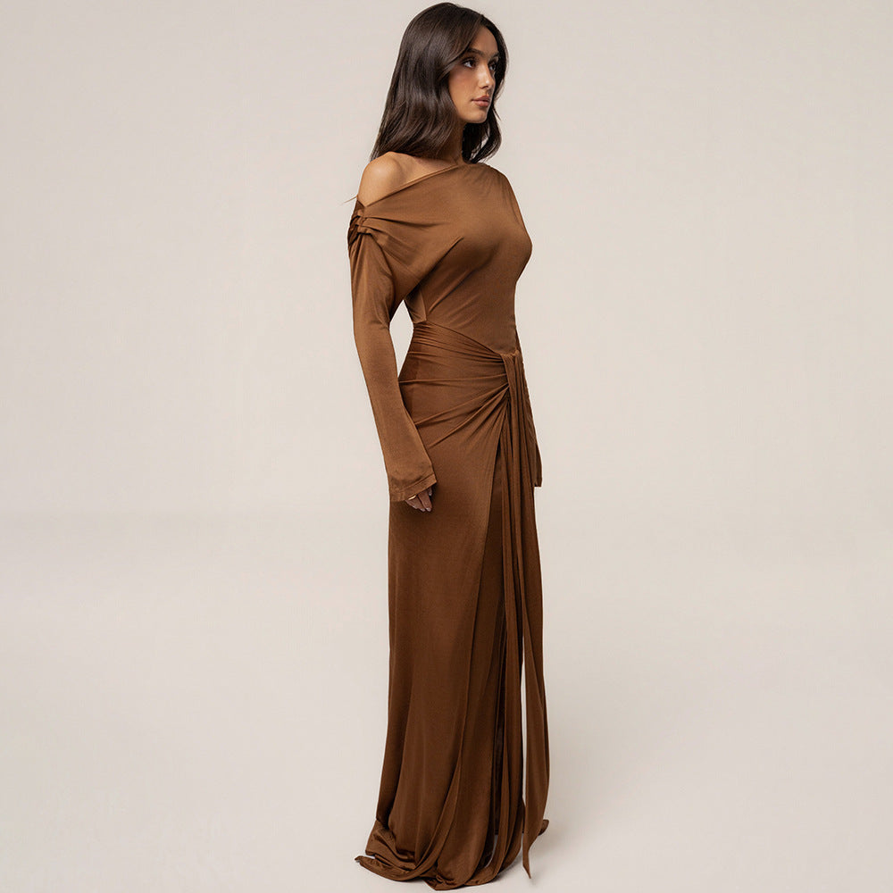 Amazon women's fashion: new autumn  collection - elegant off-the-shoulder ribbon dress, long sleeve slim-fit maxi dress