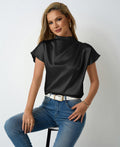 Real shot of cross-border hot-selling new arrival round neck short-sleeved satin t-shirt satin spring and summer women's left shoulder pleated tops wholesale