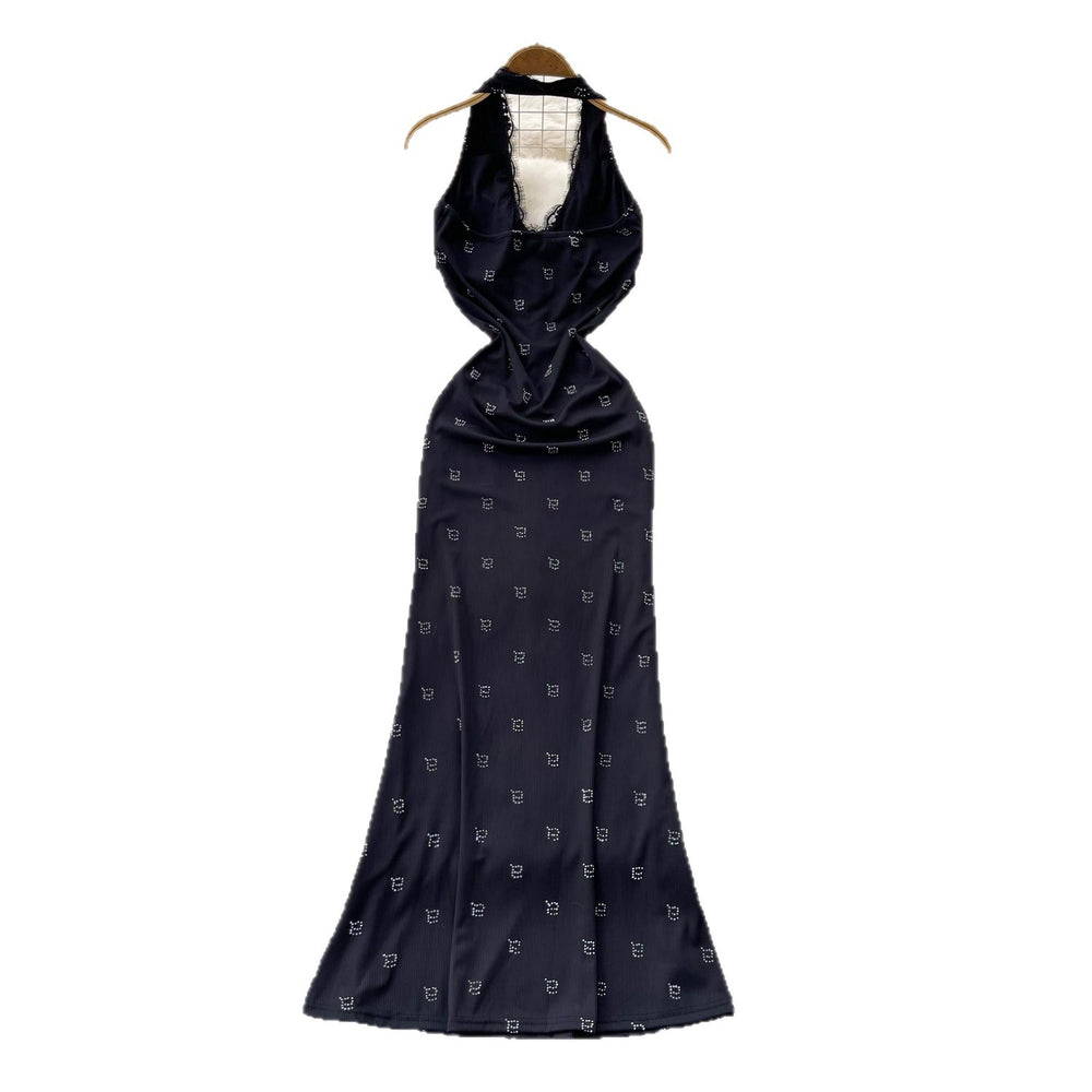 Elegant black v-neck halter dress - women's summer korean style hotfix rhinestone waist slimming maxi dress - high-end
